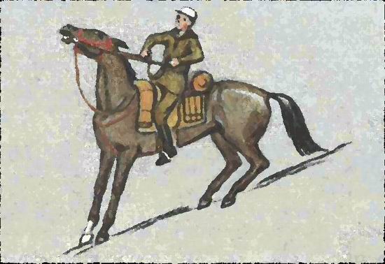 Неправильная посадка всадника при движении на лошади по склону с горы.