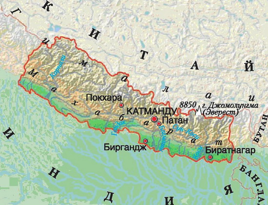 Карта - Непал. Расположение Непала на Карте относительно Индии и Китая.