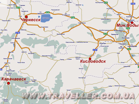Карачаевск. Карта расположения региона похода относительно крупных городов и автодорог.