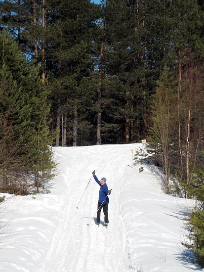 Туристка в лесу Карелии на лыжах.