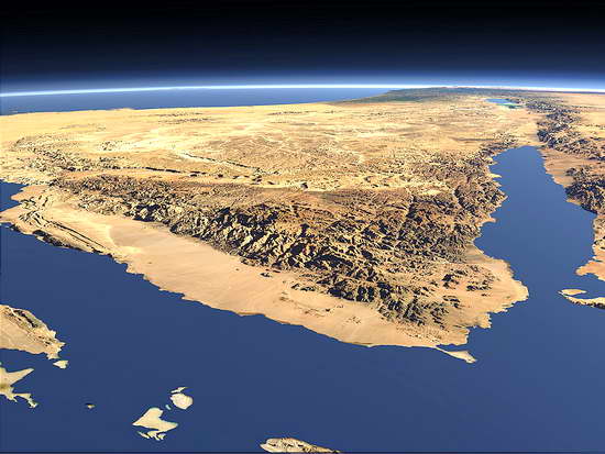 Фотография Синайского полуострова из Космоса. Синай географически относится к Египту.