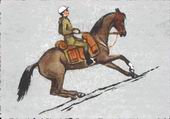 Неправильная посадка всадника при движении на лошади по склону в гору.